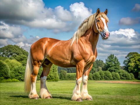 A majestic Belgian draft horse stands with calm confidence, its sturdy physique on full display, exuding a sense