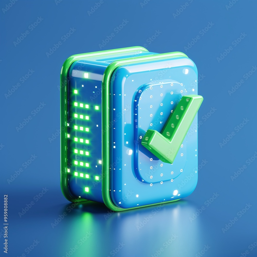 Poster 3d illustration of a database server with a checkmark symbol, representing data validation and secur
