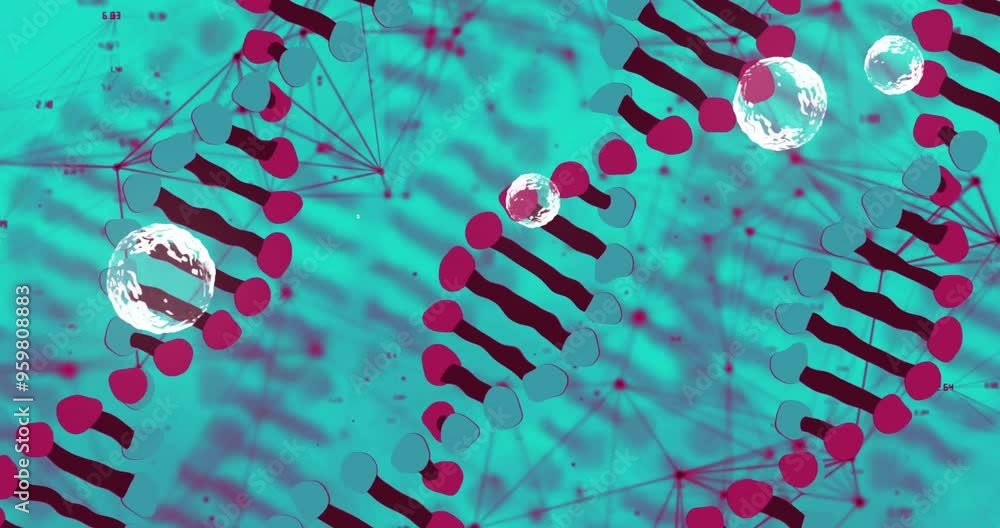 Poster dna strands and molecular structures animation over blue background with network connections