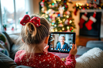 Little girl making a video call with family on the couch at home at Christmas