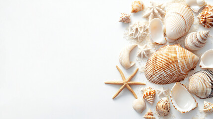 Obraz premium tropical seashells and starfish on white background