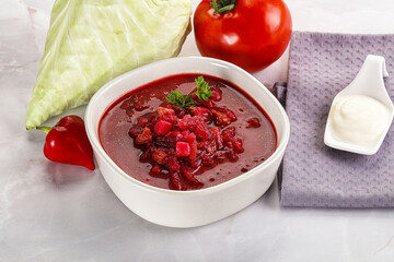 Borsch soup with cabbage and beetroot