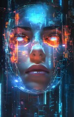 26. **Futuristic portrait featuring a human face with cybernetic enhancements and glowing accents**