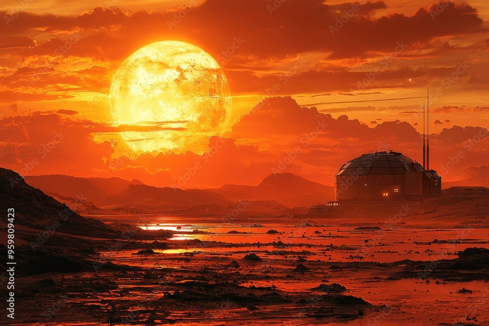 Poster a futuristic dome structure on a desolate red planet with a large sun