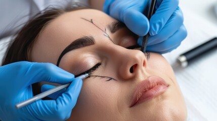 Fototapeta premium A close-up of a woman receiving a beauty treatment with a doctor gently touching her face.
