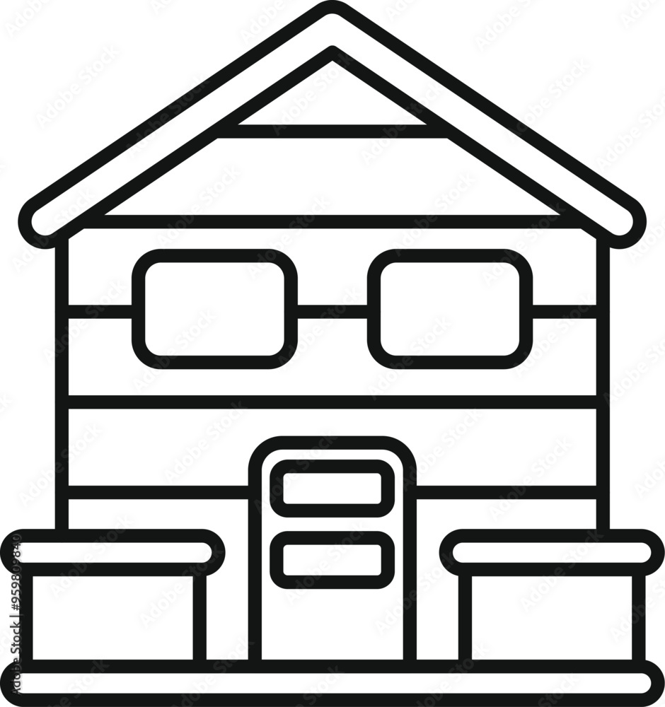 Sticker line drawing of a small wooden house with solar panels on the roof, promoting sustainable living and