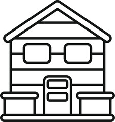 Line drawing of a small wooden house with solar panels on the roof, promoting sustainable living and renewable energy