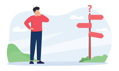 Pensive businessman making decision. Making choices - A man trying to make decision in front of T-junction sign. Uncertainty and doubt concept. Vector Illustration.