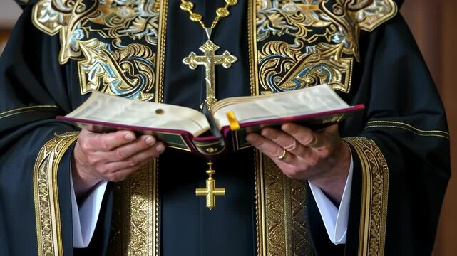 Priest holding bible religious service