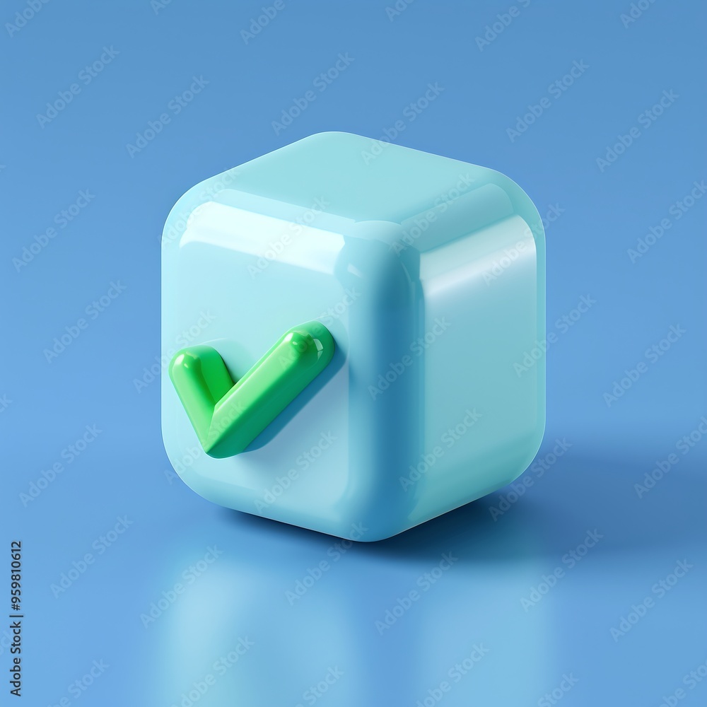Poster 3d rendered image of a light blue cube with a green checkmark symbol on a solid blue background. con