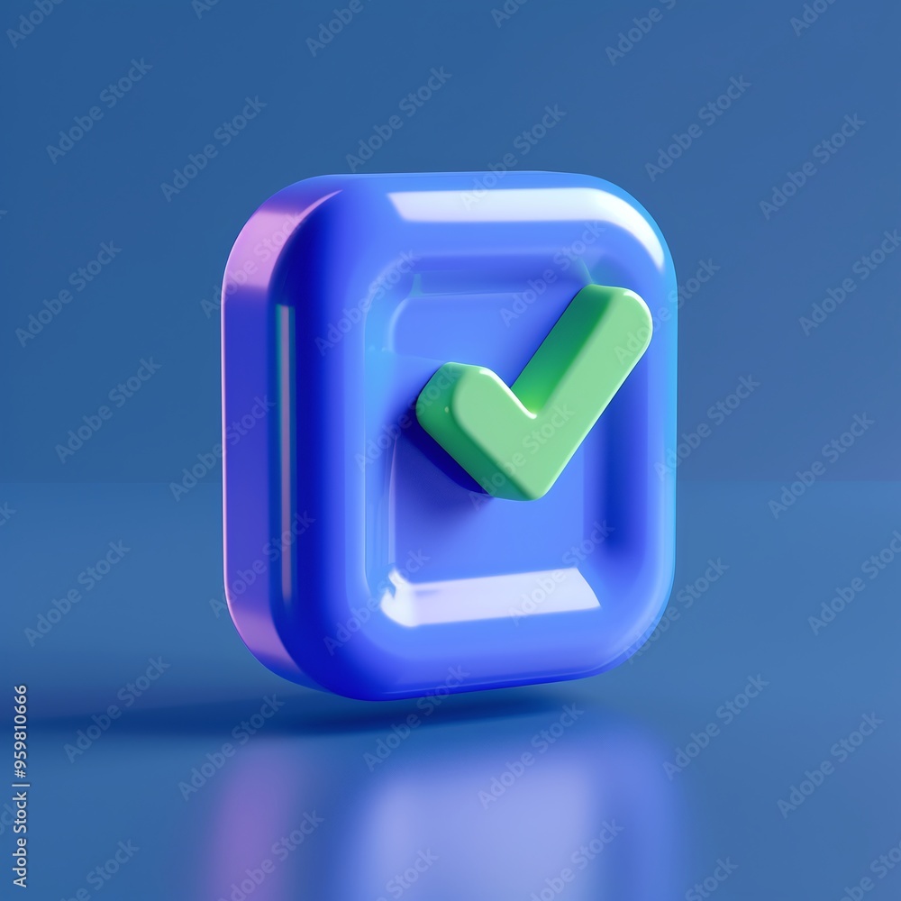 Poster 3d rendering of a blue square icon with a green check mark on a blue background, representing approv