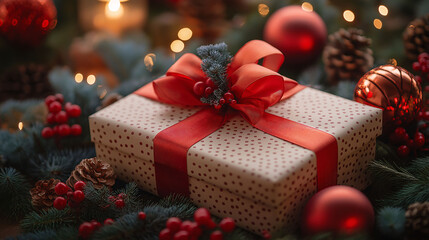 Christmas Gift Box with Red Ribbon and Ornament Decoration