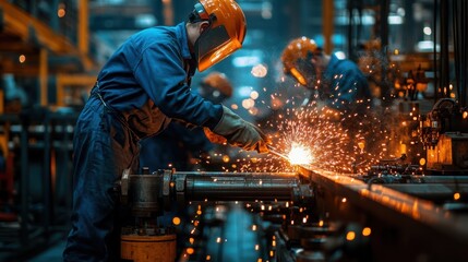 Welders working on a line of large gas pipelines, with sparks flying in all directions, highlighting the power and intensity of the industrial welding process 
