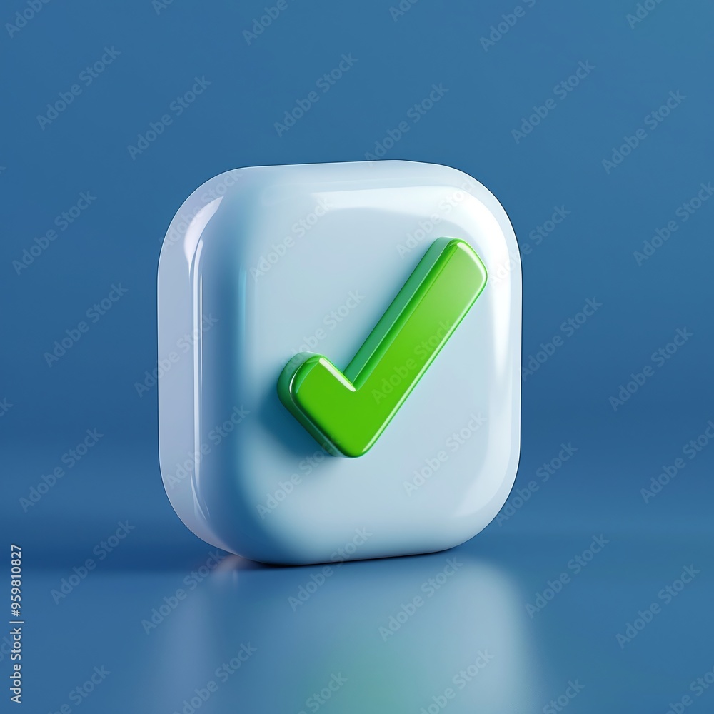 Aufkleber 3d rendering of a green checkmark icon on a blue gradient background, representing validation, appro