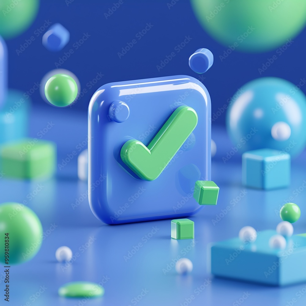 Poster 3d rendering of a green checkmark on a blue background with floating geometric shapes for technology