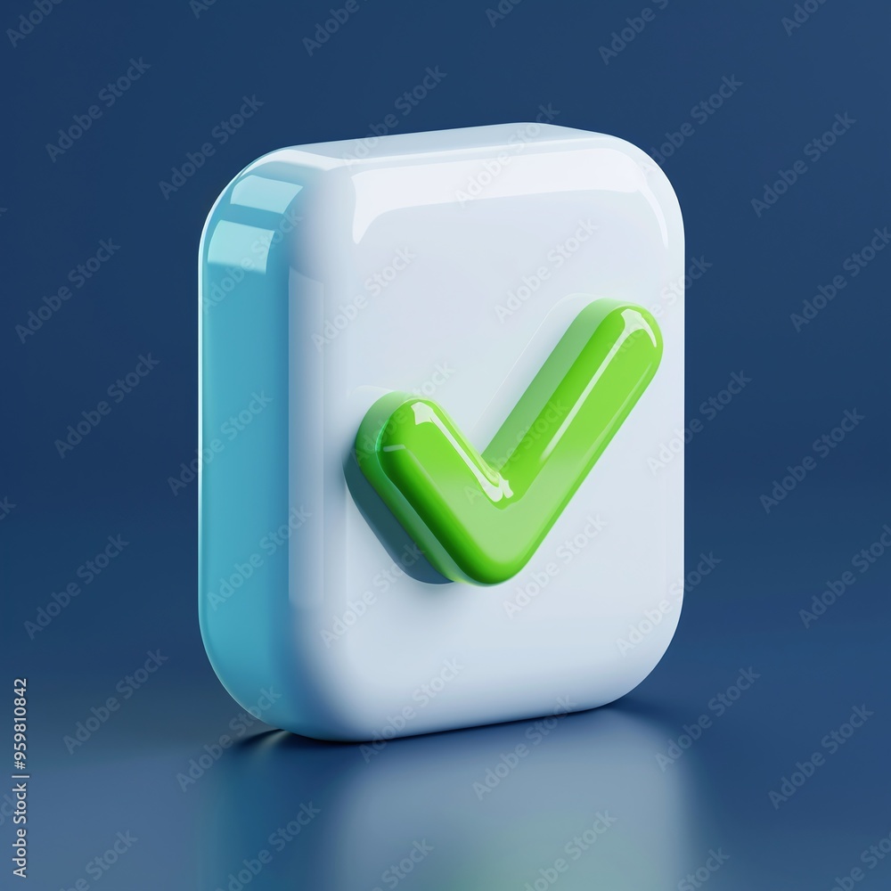 Poster 3d rendering of a green checkmark on a glossy white box with a blue background, symbolizing approval