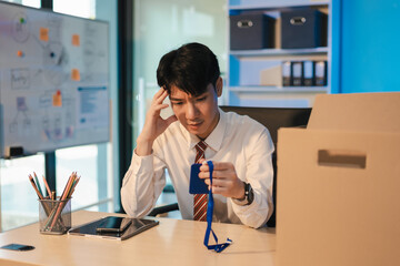 Concept business failure and unemployment problem, stress businessman packing up in office.