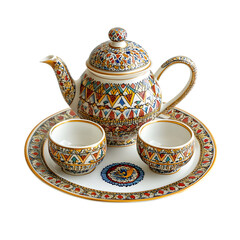 Exquisite Moroccan Tea Set: A vibrant, hand-painted ceramic tea set, featuring intricate geometric patterns, perfect for traditional serving. 