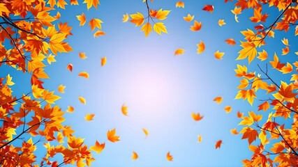 Autumn Sky with Falling Leaves and Clear Text Space