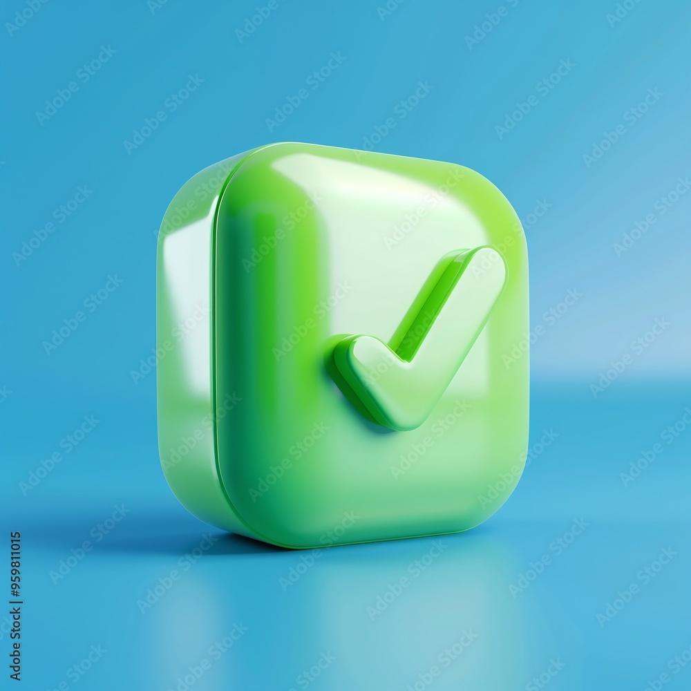 Poster a 3d green checkmark icon on a blue background representing approval or success, ideal for user inte