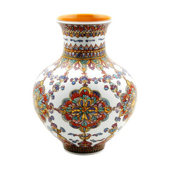 Ornate Elegance: A white porcelain vase adorned with vibrant, hand-painted floral patterns, showcasing intricate craftsmanship and cultural artistry.  
