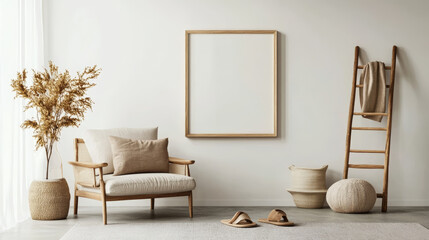 "Modern living room interior featuring a mock-up poster frame, rattan armchair, modular sofa, grey rug, slippers, beige pillow, ladder, vase with dried flowers, and personal accessories, 