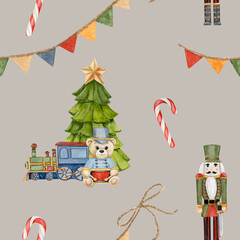 watercolor seamless pattern with Christmas tree, train and teddy Bear and nutcracker, caramel, garland with flags on beige background