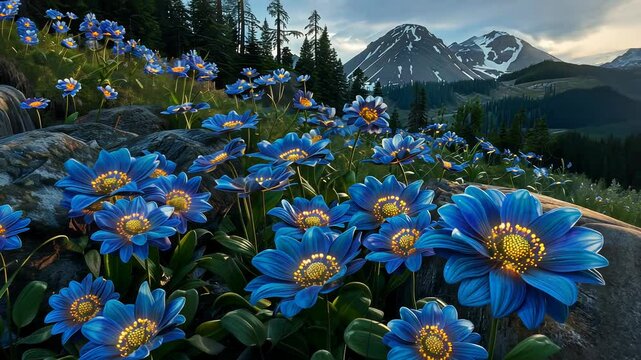 Mountain meadow with blue flowers at sunset