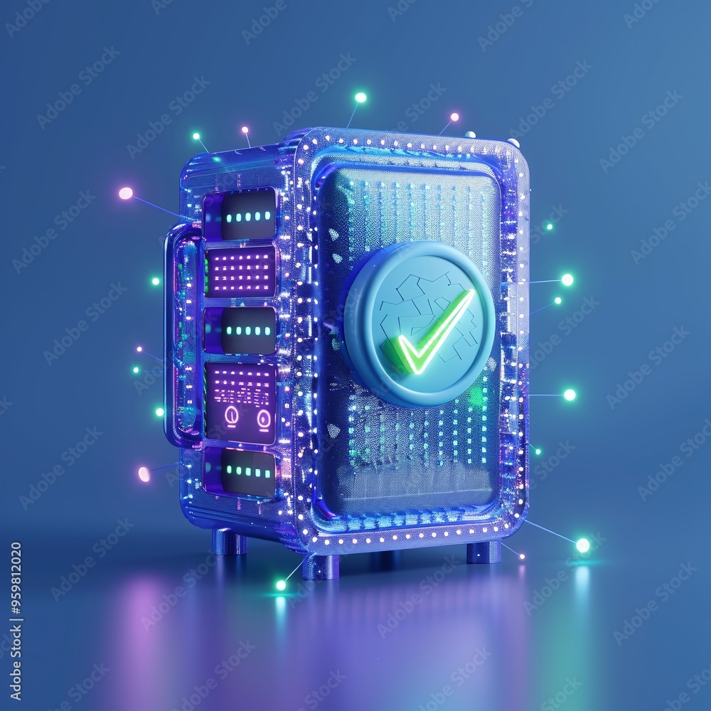 Poster futuristic secure digital vault with glowing lights, representing advanced technology and data prote