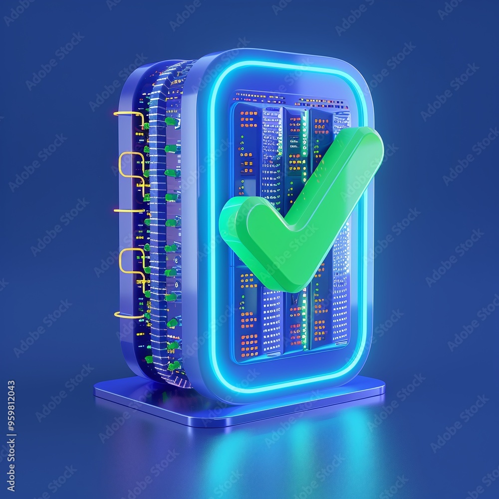 Poster futuristic server with a green checkmark symbolizing data verification, cybersecurity, and technolog
