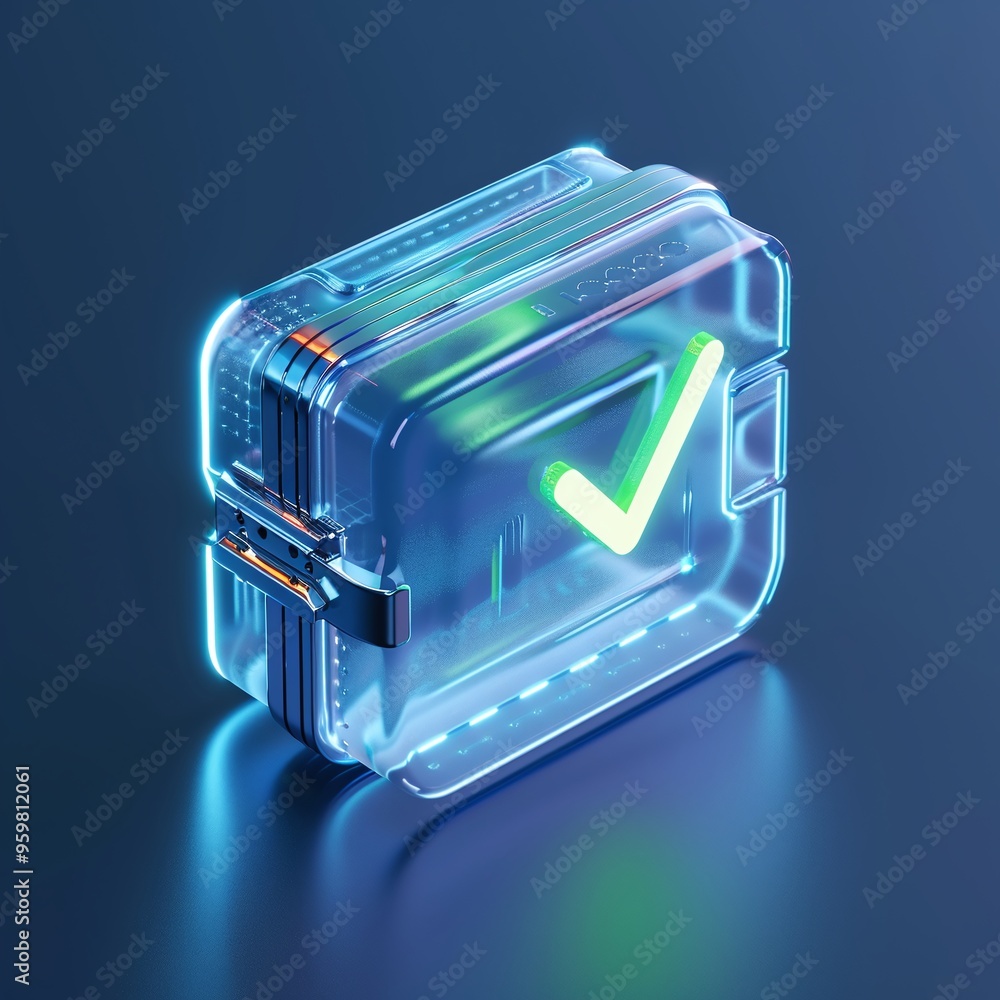 Poster futuristic transparent box with a glowing green checkmark, representing approval or verification in 