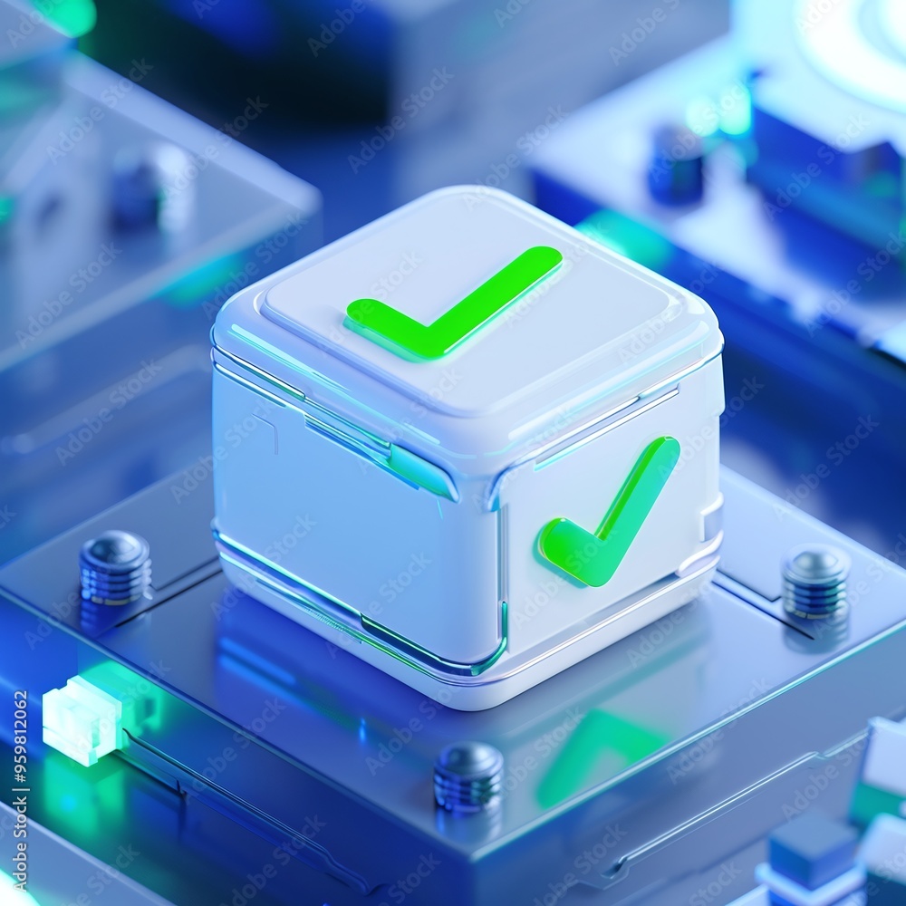 Poster futuristic technology cube with green checkmark symbols glowing in a high-tech environment, represen