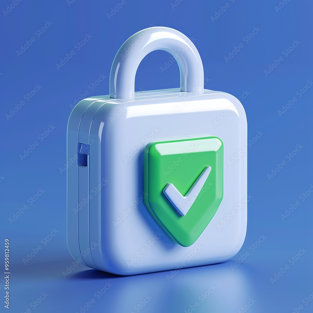 Poster secure lock icon with green checkmark on blue background symbolizing data protection, privacy, and c