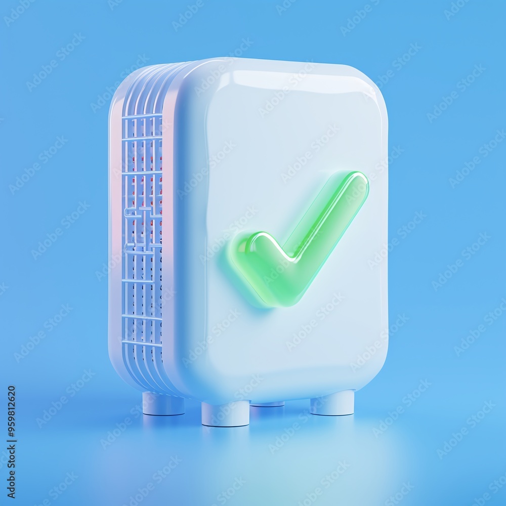 Poster white 3d checkmark on a small, rounded white block device with blue background. represents validatio