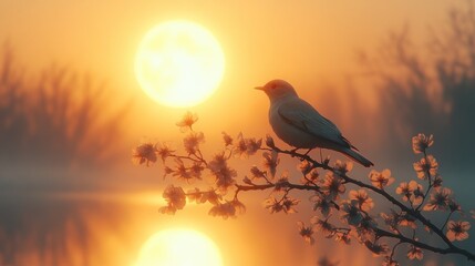 Sunrise Serenity: Bird on Branch