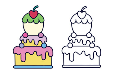  Strawberry cake with  fruit candle in flat color vector design in white background.