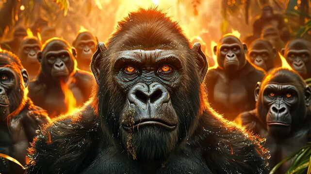 A group of gorillas in the jungle during sunset, intense gaze, wildlife and conservation concept