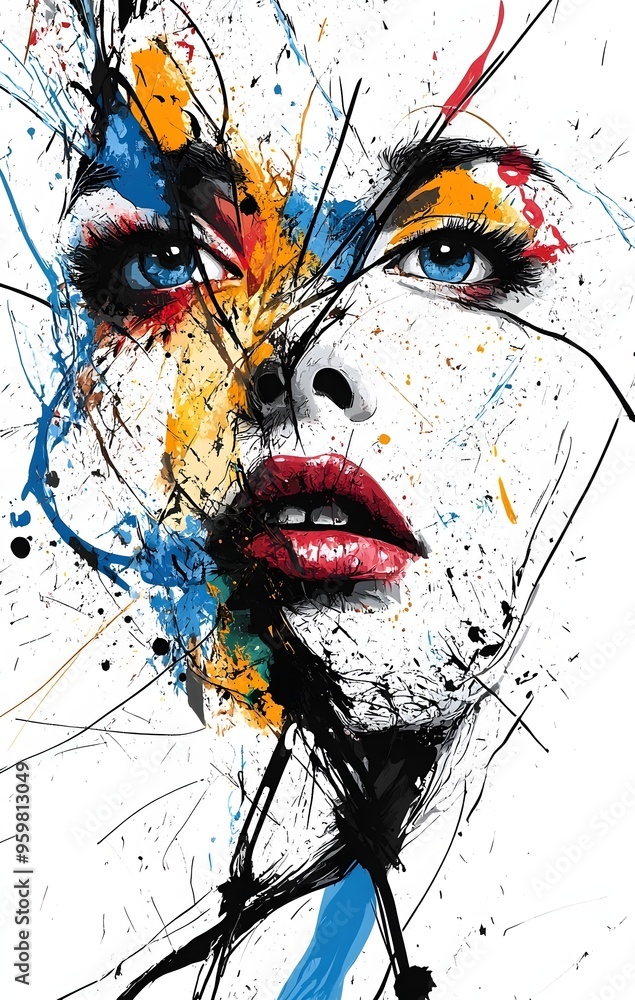 Poster 9. **artistic face portrait with expressive splashes of paint and dynamic, flowing lines**
