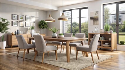 Fototapeta premium A modern twist on traditional dining, this neutral-toned space combines comfortable seating options with rent-to-own