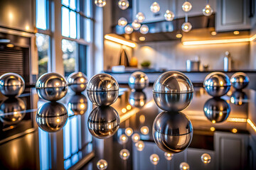 A table with a bunch of shiny silver balls on it. The balls are reflecting light and creating a shiny, almost ethereal effect. The scene is set in a kitchen, with a window in the background