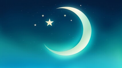 Fototapeta premium A glowing crescent moon and star in a dark blue night sky with a soft gradient.
