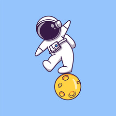Cartoon astronaut balancing on moon, blue background; great for childrens books, spacethemed designs, science publications, and educational materials.
