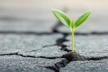 Young plant growing out of cracked pavement, symbolizing resilience and new life