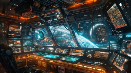 Fototapeta premium A hacker's control center aboard a futuristic spaceship, with a panoramic view of the galaxy outside, the interior filled with advanced tech, transparent screens displaying interstellar data,