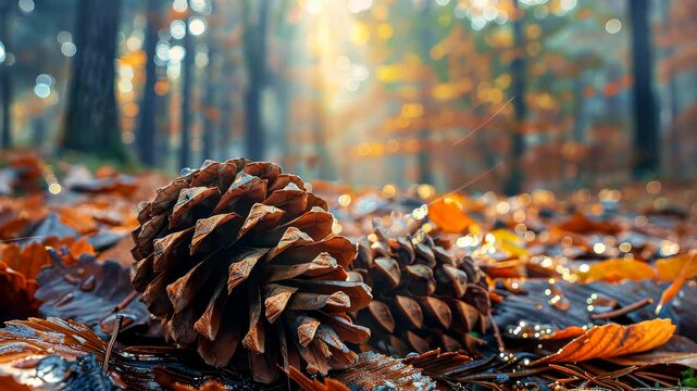 Close-up of pine cones and autumn leaves in sunlit forest floor, serene nature and tranquility concept