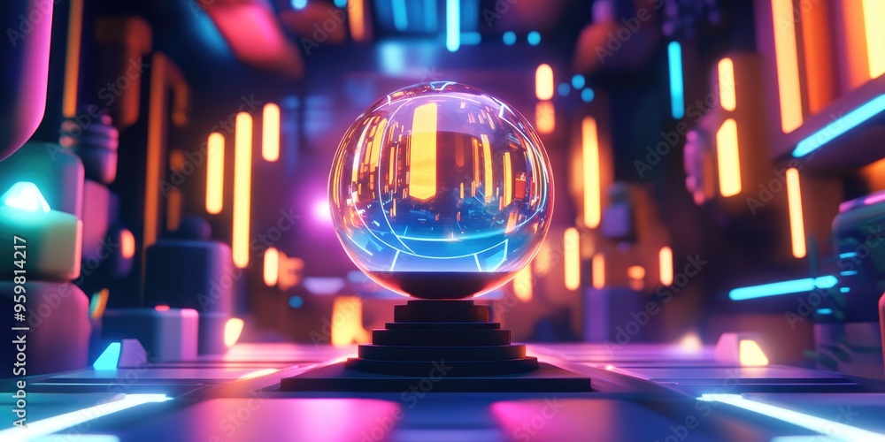 Poster sci fi background featuring a crystal ball in a 3d cartoon rendering