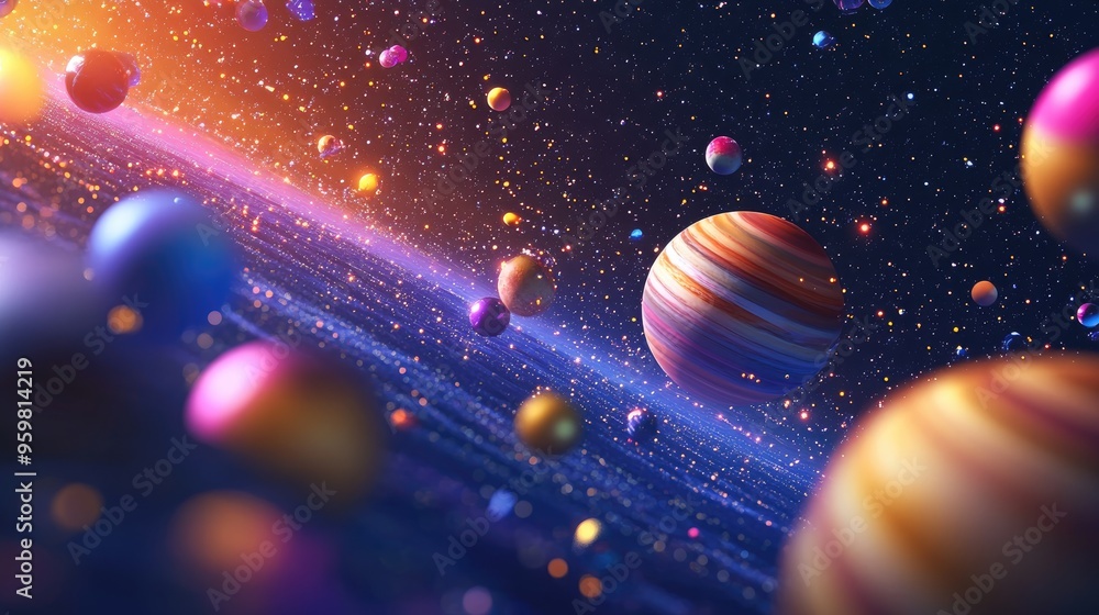 Poster Elements of Cosmos series in a 3D cartoon rendering featuring a composition of space and stars ideal for projects related to mathematics science education and modern technology