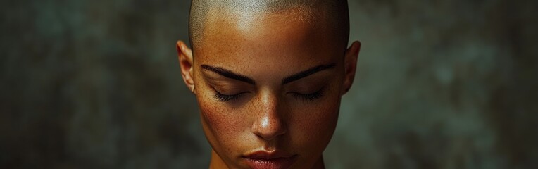 Fototapeta premium Empowered young woman with shaved head standing against floral background