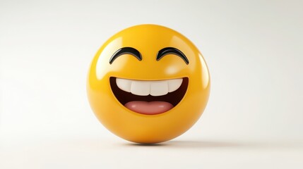 Fototapeta premium A 3D cartoon emoji with a big, beaming smile, showing happiness and joy, with eyes closed in delight, on a white background 