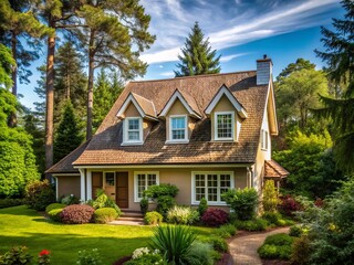 Naklejka premium A quaint residence wraps itself around a verdant clearing, its pitched roof sporting dormer windows that pop out